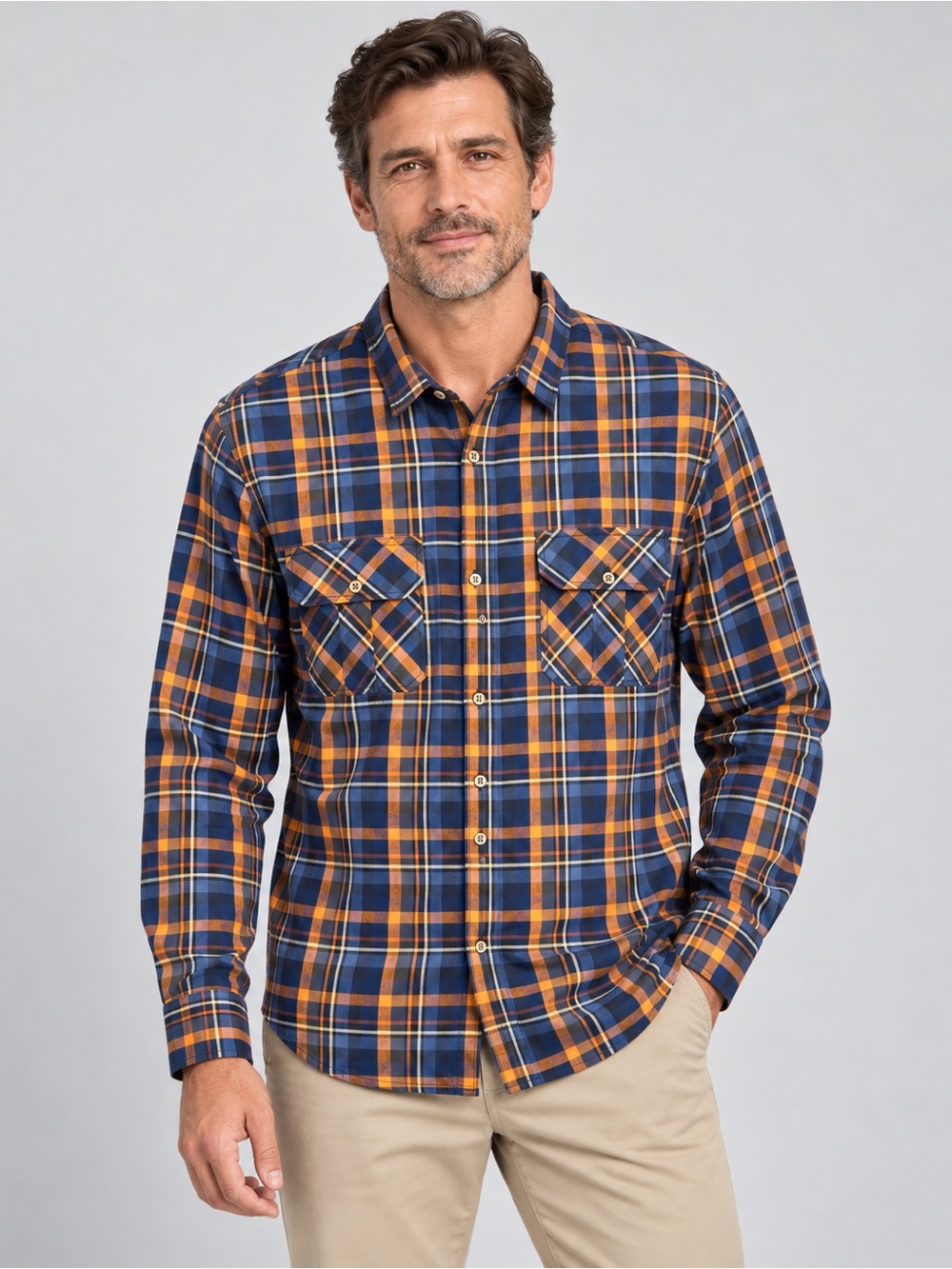 Buffalo David Bitton Men’s XL Plaid Button-Up Shirt Blue Orange Elbow Patch